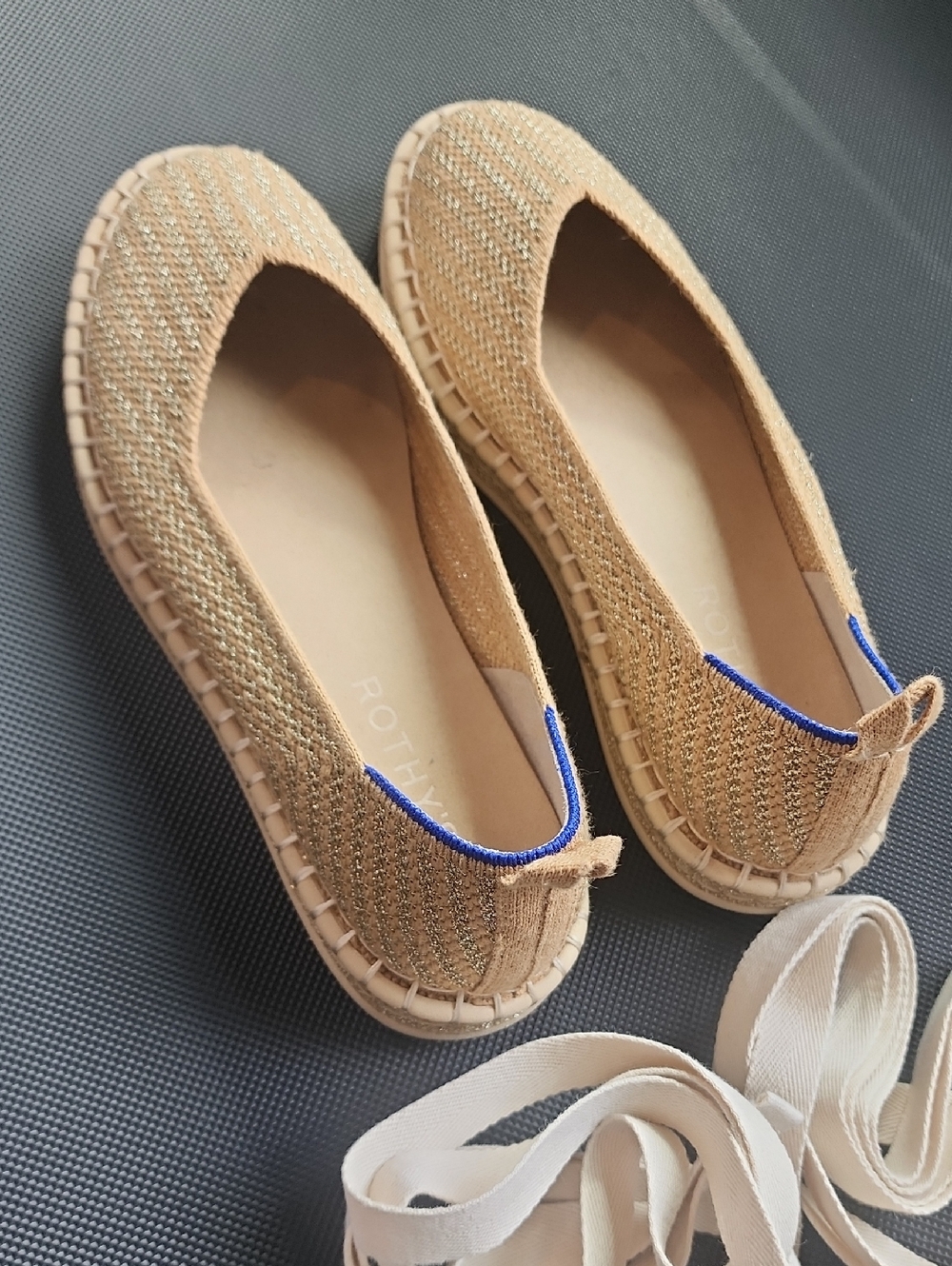 Rothy's Gold-Tan Knit Flats with Blue Trim